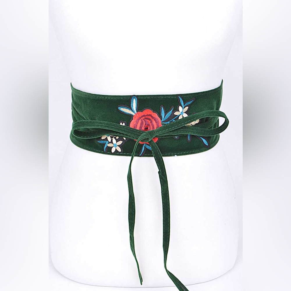Rose Embroidered Vegan Suede Wrap Statement Belt